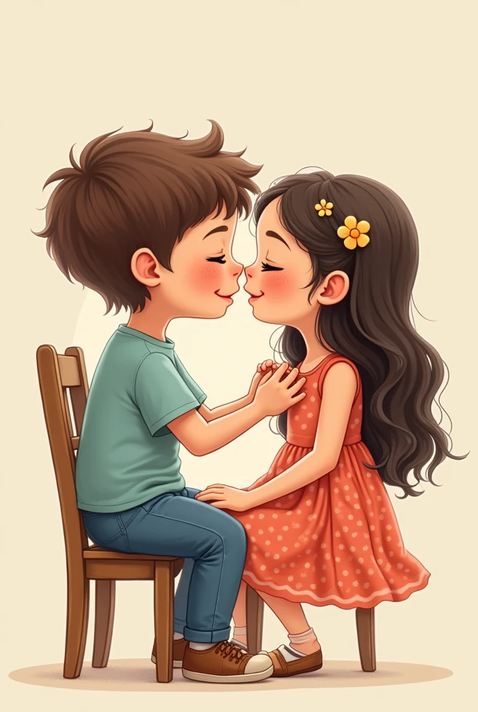 Illustrate the picture the young boy and young girl sitting on the chair and boy's hand on girl's pussy and she's smiling very cutely...
