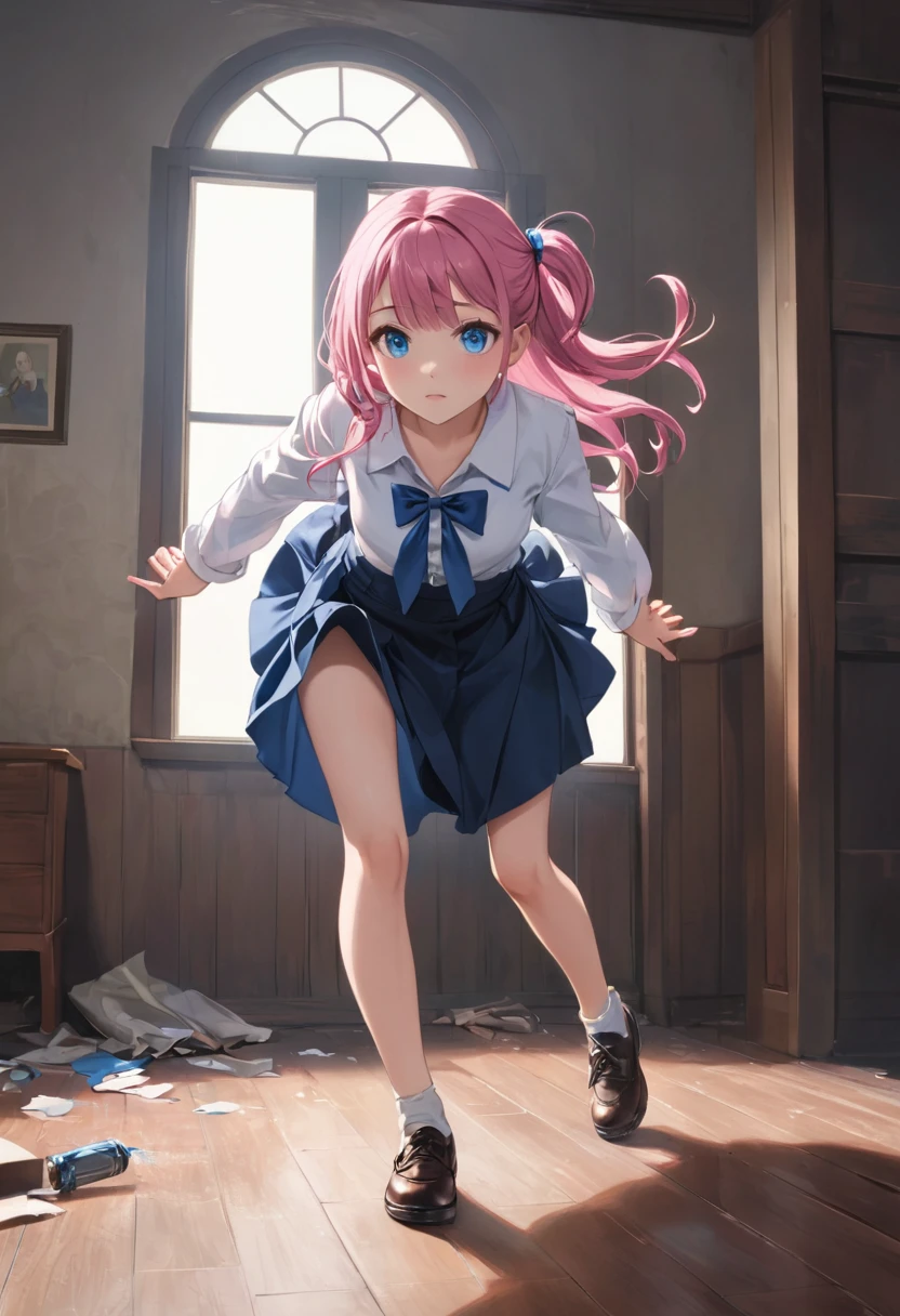 Forgetting to wear a skirt、whole body、Girl with pink hair、blue eyes、Twin Drill、A scene from a movie