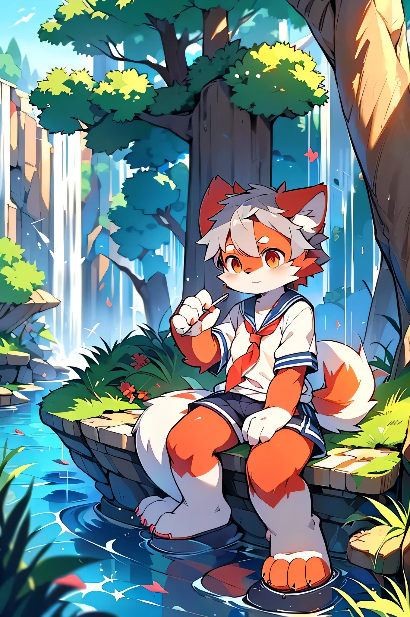 Dagashi,Hair growing all over the body,Red fur,Red face,Gray Hair,Male puppies,Libido boy,Red face fur,Fluffy tail,,Shining Eyes,Panoramic View:1.2,Character Focus,（(Wearing a sailor uniform,River side,waterfall,nature,beautiful))