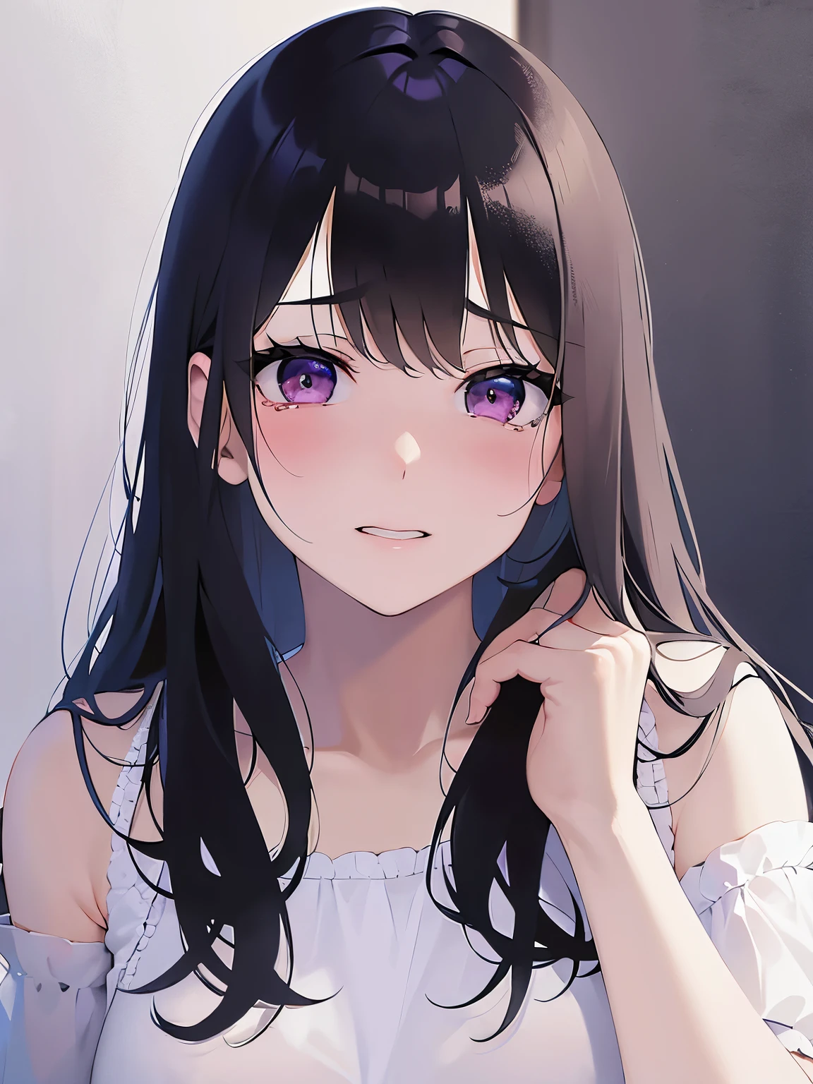 head tilt, hand on own cheek, Upper Body, Realistic, real person, (pale skin: 1.2), RAW photo, photorealistic, shiny skin, shiny hair、(A 25-year-old woman with straight hair and bangs) and (medium hair) and (black hair) and (purple eyes) , (white) and (off shoulder blouse) 、(tears:1.2), (embarrassed:1.5), smile, white background、Alone、