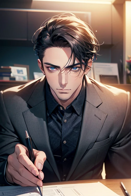(Best Quality,4k,8k,high resolution,Masterpiece:1.2),ultra detailed,(realist,photorealist,photo-realist:1.37),1 man,31 years,mature man,very handsome,without expresion,muscled body,short gray black hair,Blue eyes,glare,perfect face without mistakes,imposing posture,businessman,office background,cinematic lighting,imagen HDR