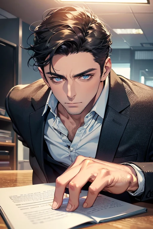 (Best Quality,4k,8k,high resolution,Masterpiece:1.2),ultra detailed,(realist,photorealist,photo-realist:1.37),1 man,31 years,mature man,very handsome,without expresion,muscled body,short gray black hair,Blue eyes,glare,perfect face without mistakes,imposing posture,businessman,office background,cinematic lighting,imagen HDR