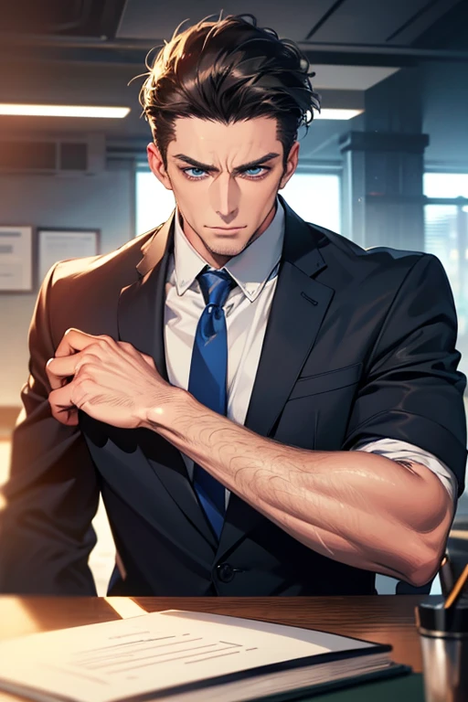 (Best Quality,4k,8k,high resolution,Masterpiece:1.2),ultra detailed,(realist,photorealist,photo-realist:1.37),1 man,31 years,mature man,very handsome,without expresion,muscled body,short gray black hair,Blue eyes,glare,perfect face without mistakes,imposing posture,businessman,office background,cinematic lighting,imagen HDR