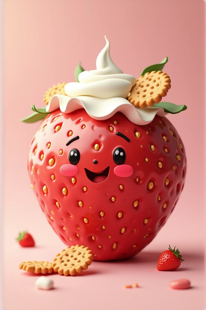 Big strawberry with cream smiling, a wafer winking at the eye and a happy dessert 
