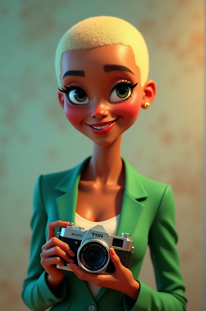 A beautiful 31-year-old Pixar-inspired girl with black skin, blonde bald hair, wearing a green blazer, holding a Ton camera in her hand and smiling.