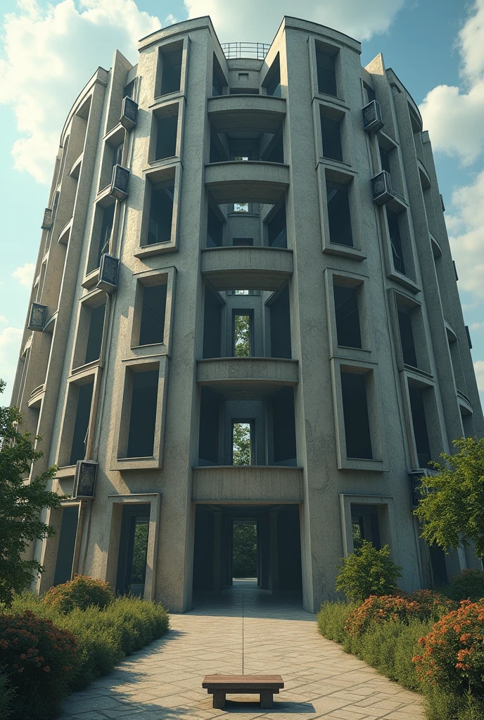 A round building 30 floors round without vegetation You can see the rectangular doors that are many doors and that in some doors they are open and universes are visualized On each floor it is different as if it led to a different dimension on the side it contains an elevator and it has different descent positions for each floor The visualization of the image is from the center of the building where it has a patio, where you can see a bench to appreciate the building 