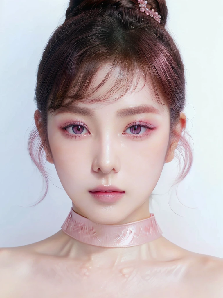 A close-up of a woman wearing a pink choker and a pink choker., popular korean makeup, South Korean popular makeup, Young adorable korean face, Sexy face with full makeup, beautiful aesthetic face, soft makeup, pale korean adorable face, beautiful south korean woman, korean face features, Beautiful young Korean woman, Kawaii realistic portrait, cute round slanted eyes