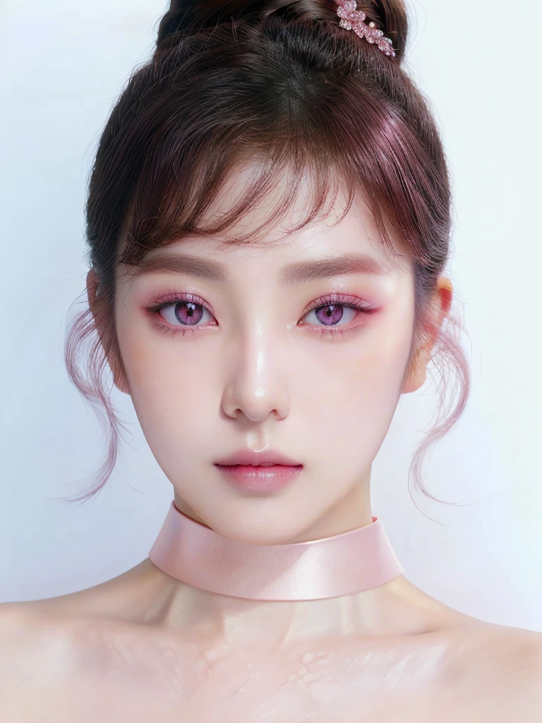 A close-up of a woman wearing a pink choker and a pink choker., popular korean makeup, South Korean popular makeup, Young adorable korean face, Sexy face with full makeup, beautiful aesthetic face, soft makeup, pale korean adorable face, beautiful south korean woman, korean face features, Beautiful young Korean woman, Kawaii realistic portrait, cute round slanted eyes