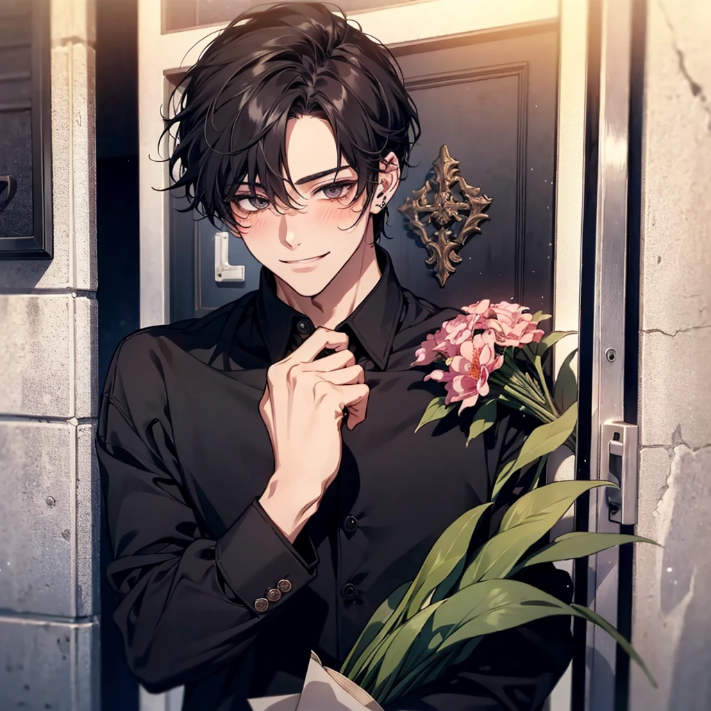 young guy, smiling, giving a bouquet of flowers, blushing, street background, POV you are opening the door to him, handsome, small eyes, black hair, piercings, black shirt, strong, patches on cheek