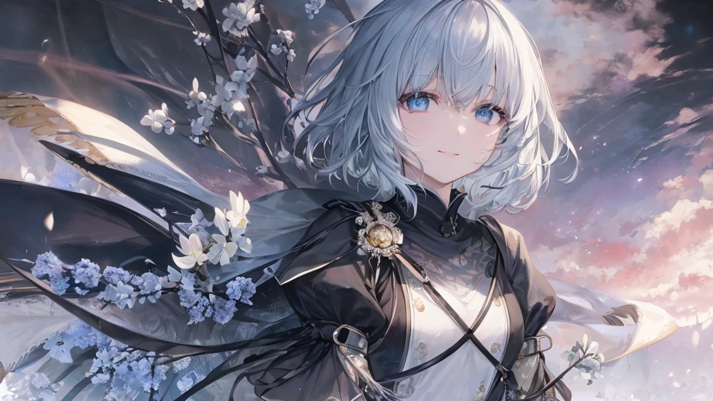 Ultra HD,Look at the viewers, Place your hands behind your back, With a girl, 20-year-old, 非常にshort hair, Long bangs between the eyes, Pale blue eyes, Very detailed,(masterpiece、Highest quality),Gray Hair、Laughter、wonderful, Silver Hair, iris, short hair、 Fluttering Hair、Small face、明るいsmile、(Detailed face) ,Professional Lighting,wonderful風景,blue sky, sunlight,Looking down from above,Portraiture、Open your mouth、Flower Field、Her eyes were shining、Mysterious and enchanting atmosphere。With AI Painting、とてもshort hair, Long bangs between the eyes, Very detailed,(masterpiece、Highest quality)、alone、Gray Hair、Fantasy, Silver Hair, Fantasyな風景、smile、Open your mouth、short hair、short hair、hairpin、black eye、Grey Eyes、Beautiful Eyes、Black Shirt、White hoodie