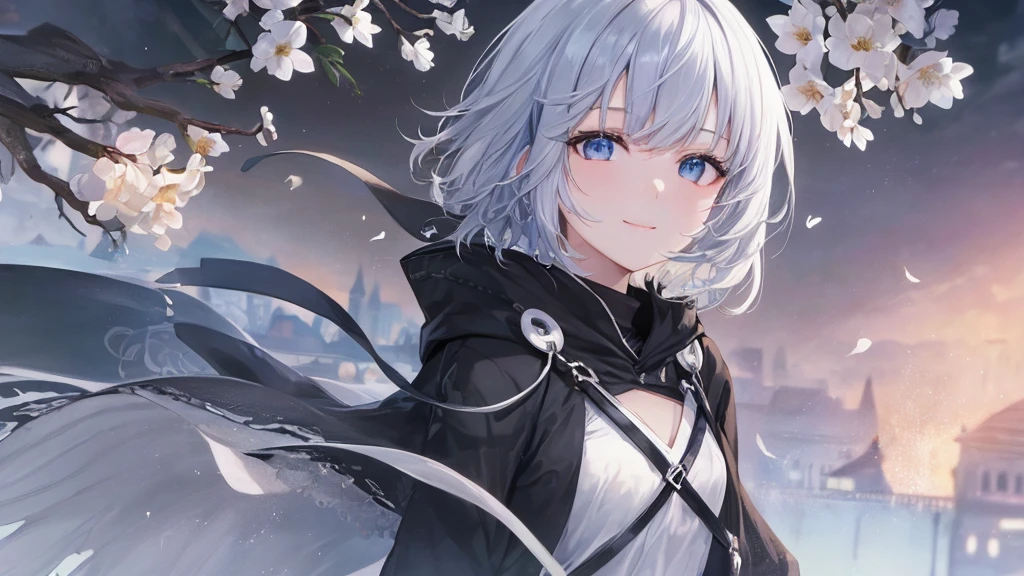Ultra HD,Look at the viewers, Place your hands behind your back, With a girl, 20-year-old, 非常にshort hair, Long bangs between the eyes, Pale blue eyes, Very detailed,(masterpiece、Highest quality),Gray Hair、Laughter、wonderful, Silver Hair, iris, short hair、 Fluttering Hair、Small face、明るいsmile、(Detailed face) ,Professional Lighting,wonderful風景,blue sky, sunlight,Looking down from above,Portraiture、Open your mouth、Flower Field、Her eyes were shining、Mysterious and enchanting atmosphere。With AI Painting、とてもshort hair, Long bangs between the eyes, Very detailed,(masterpiece、Highest quality)、alone、Gray Hair、Fantasy, Silver Hair, Fantasyな風景、smile、Open your mouth、short hair、short hair、hairpin、black eye、Grey Eyes、Beautiful Eyes、Black Shirt、White hoodie
