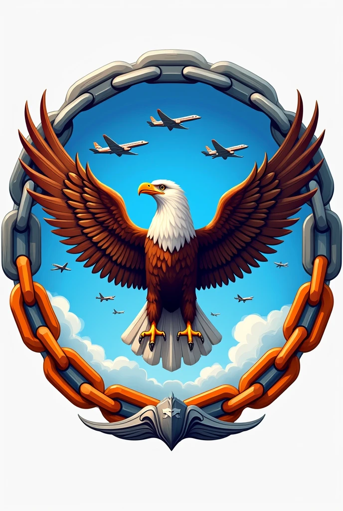 Round coat of arms in the form of link rings, orange and gray border, eagle looking up, blue sky background with miniatures of Gol aircraft flying.