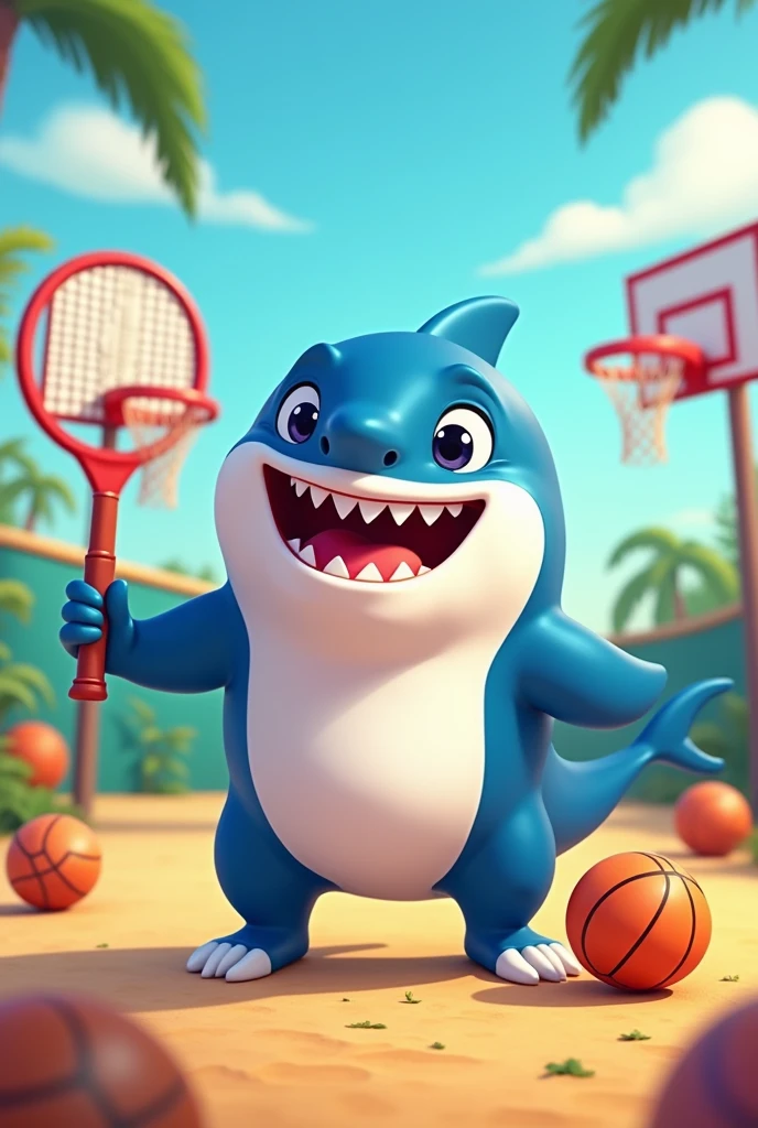 Shark a friendly character, appears in a colorful setting with various sports equipment in the background.