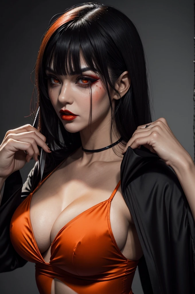 psycho face .  mouth biting small lips blood filled eyes clown makeup muscles big buttocks big breasts long sharp black hair orange thin silk suit with plunging u neckline 2 pieces. a knife in the hands 