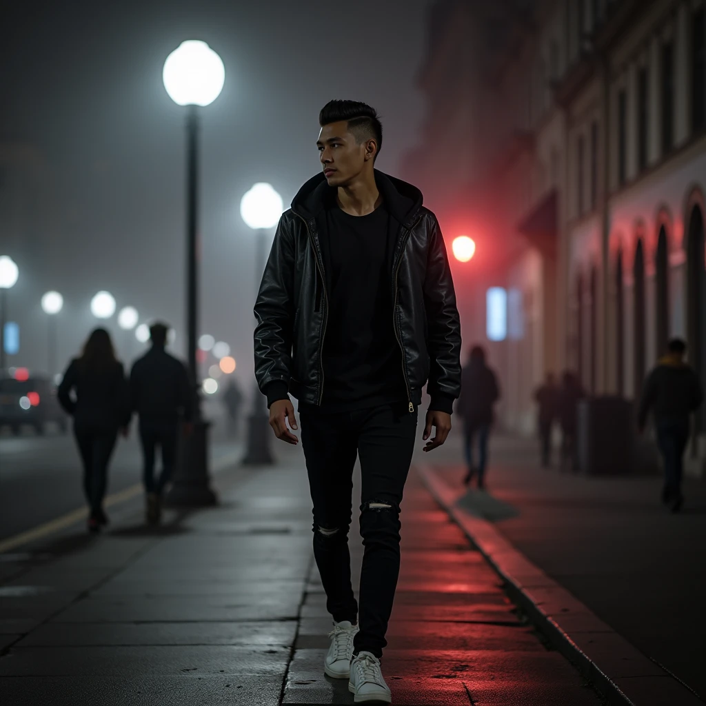 Young skinny asian man with neat short hair combed back and using a pomade, wearing black tshirt, leather jacket with hoodie, black jeans and white sneakers. Walking on sidewalk, dramatical street lamp light, with misterious misty night cityscape, other Pedestrian is walk by at the distance. Other Pedestrians move make a motion blur effect, but high detail on main subject