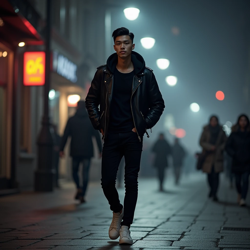 Young skinny asian man with neat short hair combed back and using a pomade, wearing black tshirt, leather jacket with hoodie, black jeans and white sneakers. Walking on sidewalk, dramatical street lamp light, with misterious misty night cityscape, other Pedestrian is walk by at the distance. Other Pedestrians move make a motion blur effect, but high detail on main subject