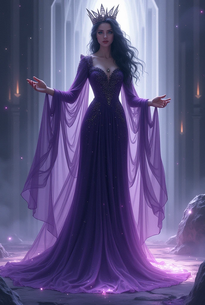 Ethereal Majestic female goddess with dark purple , dark blue , yellow colour palette. Black hair . Dark aura