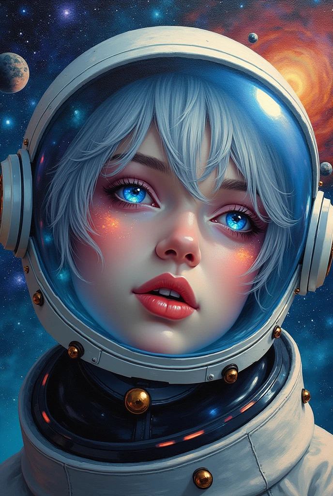 (Close-up of a better masterpiece:1.5)0.9], (Space and astronauts:1.2) (Messy silver hair:1.1) (Heterochromia xanthochromia and blue eyes:1.2) (Space Helmet:1.0) (Colored stars in the eyes:1.0) (A radiant glow:1.1) (thick lips:0.9)