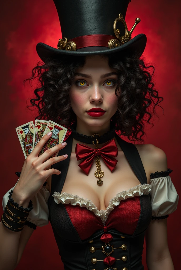 Wartoon woman with curly hair, yellow eyes, wearing a steampunk style outfit and a steampunk style top hat, holding a deck of cards in her right hand and with a dark red background behind her.