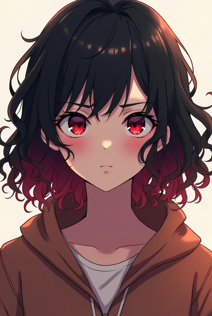black, with black and red curly hair, she is 16 years old, it&#39;s an anime character, She is kind but serious