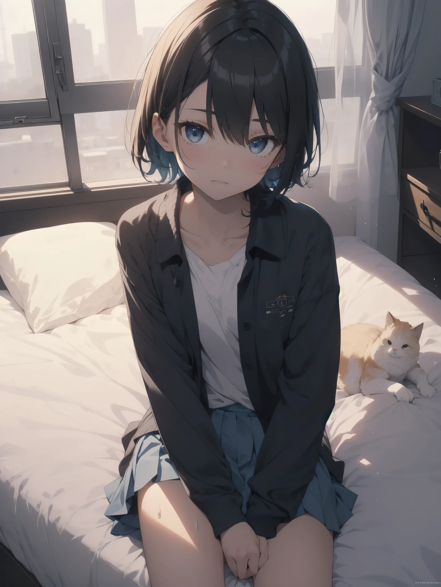 ultra-absurdres-Top quality by artist God, ultra-detailed, high resolution, anime moe artstyle, best anime 8k konachan wallpaper, pixiv contest winner, JAV cover, perfect anatomy,break, 1girl, (Please draw a girl sitting sleepily on bed. )break,(Solo,little female,tomboy, 9-year-old:1.3),Full limbs, complete fingers,a junior high school student, (very short hair), short cut, Soft flat chest,groin, small butt, small black eyes, beautiful detailed eyes, well-proportioned iris and pupils, expressive eyes, highres detailed hair, sweat, soft expression,white shirt,collared shirt, pleated skirt, soft thighs,(Detailed Lighting), (Detailed background),Sexual beds, in the bedroom. break,super detailed skin, shiny skin, Best sexuall lighting powered by famous artist, 8k,beauty illustration,photoshop_(medium),very aesthetic,break,((artist:yuureidoushi_(yuurei6214) )), artist:fujiyama, artist:carnelian, artist:kantoku,