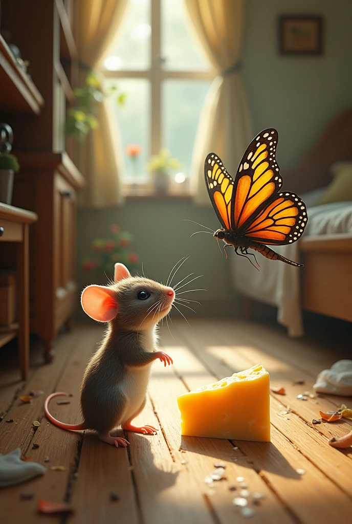 A mouse was going to eat a cheese inside a house and a butterfly came to talk to the mouse. 