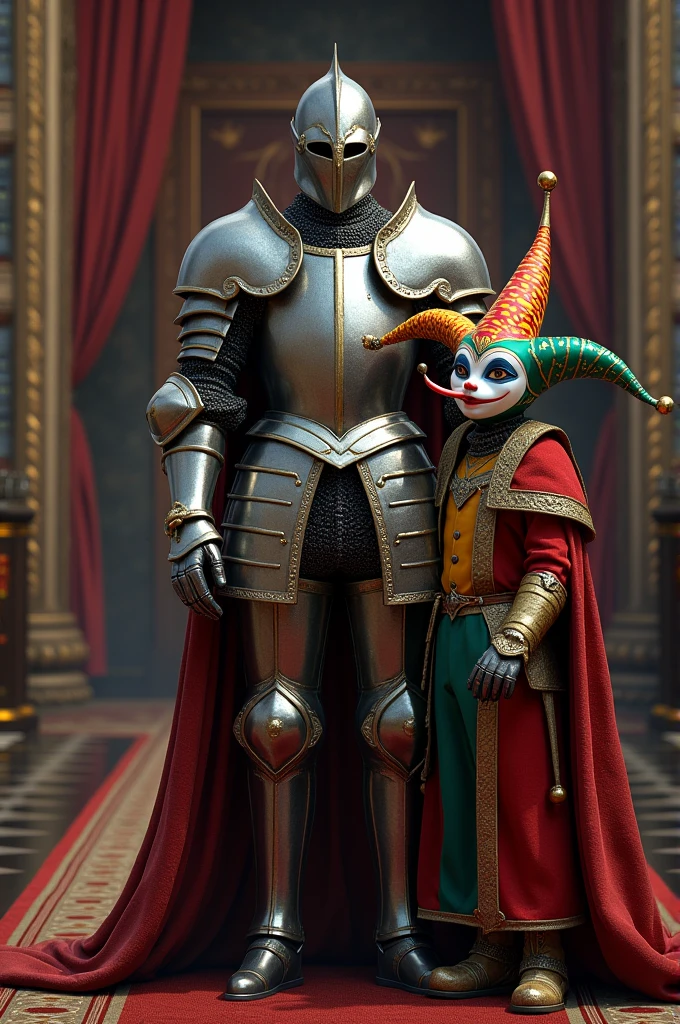 Knight in plate armor and smiling jester mask