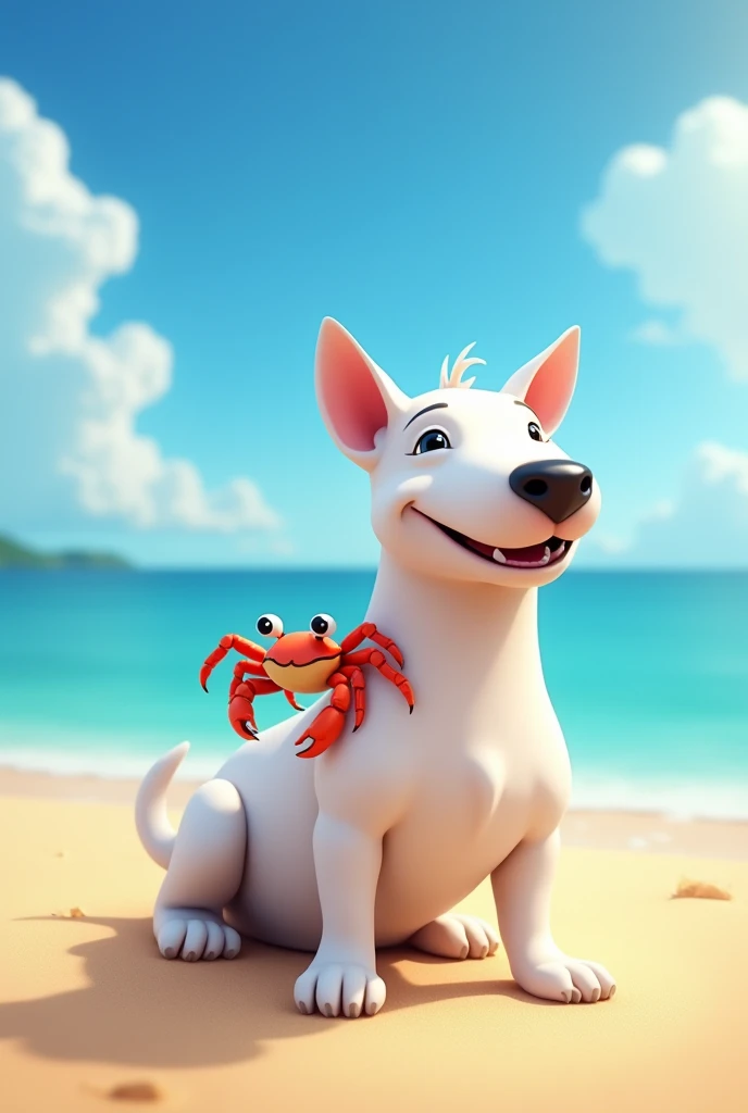 Make a Bull Terrier dog sunbathing on the beach with a crab on its back 