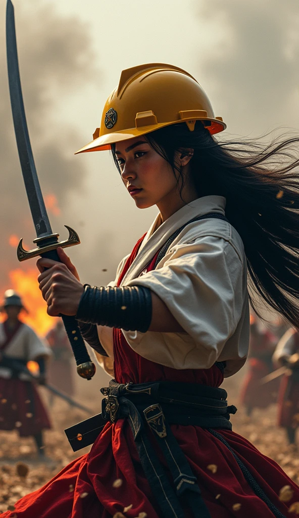 Japan Samurai for women、Female warriors of the Sengoku period、wearing a hard hat、Fierce fight scene、There are a lot of people fighting out there、The flames are rising everywhere、Sense of presence。Real、genuine、２５kor、Bblack hair