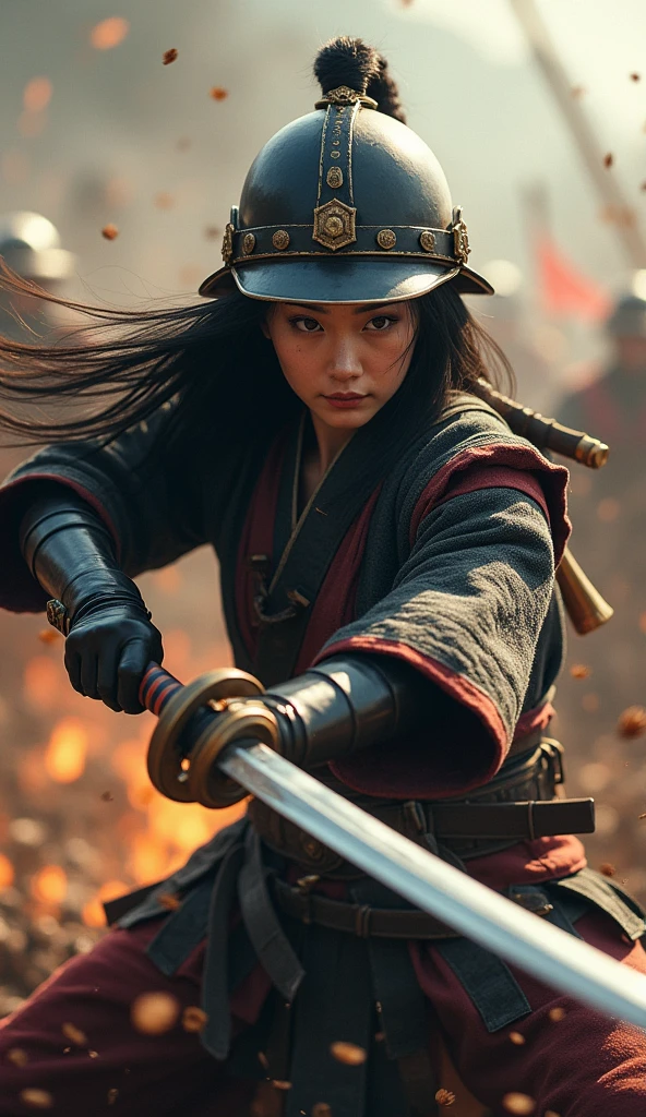 Japan Samurai for women、Female warriors of the Sengoku period、wearing a hard hat、Fierce fight scene、There are a lot of people fighting out there、The flames are rising everywhere、Sense of presence。Real、genuine、２５kor、Bblack hair