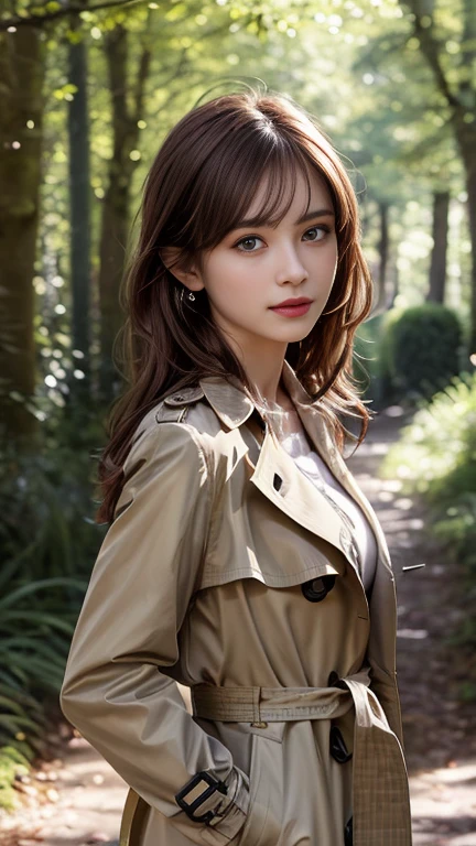 1 girl, very bright backlighting, solo, {beautiful and detailed eyes},large breasts, calm expression, natural and soft light, hair blown by the breeze, delicate facial features, Blunt bangs, beautiful russian girl,eye smile, very small earrings, 22yo, ((model pose)), Glamor body type,(half red and half brown hair,short wavy hairstyle:1.2), flim grain, realhands, masterpiece, Best Quality, photorealistic, ultra-detailed, finely detailed, high resolution,brown messy hair, perfect dynamic composition, beautiful detailed eyes, russian girl,((nervous and embarrassed)),sharp-focus, beautymix, FilmGirl,smile,(wearing a trench coat:1.3),(standing through the woods in a park in England:1.3),(cowboy shot:1.3),facing reality