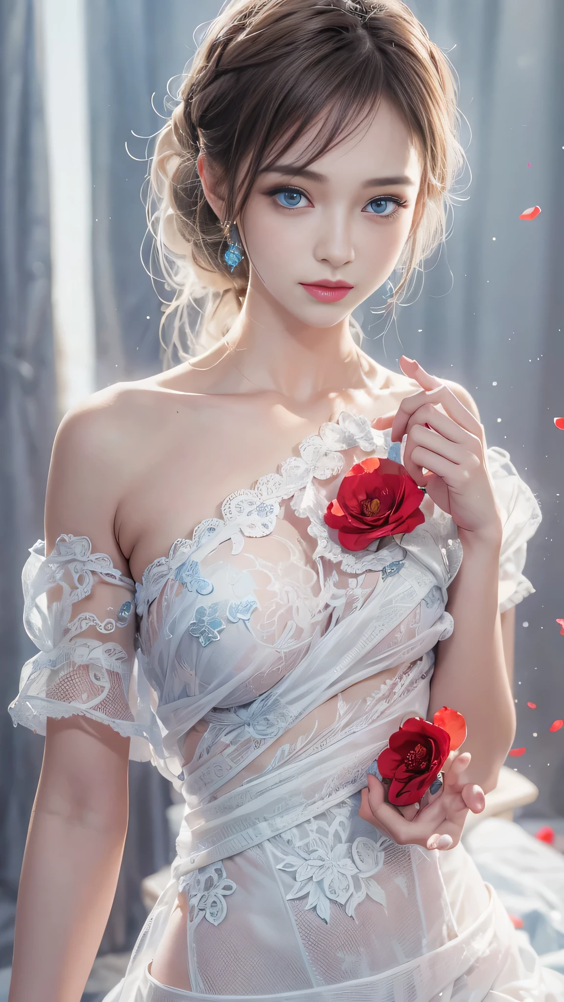 (Girl in a semi-transparent one-shoulder white miniskirt dress), (フォトRealistic:1.4), (ハイパーRealistic:1.4), (Realistic:1.3), (Smooth lighting:1.05), (Cinematic Lighting Quality Improvements:0.9),. 32K, 1 Girl,20 year old girl, Realistic lighting, Backlight, Face light, Ray tracing, (Brightening light:1. 2), (Image quality improvement:1.4), (Highest quality realistic textured skin:1. 4),(Big Blue Eyes), Detailed drawn eyes、Detailed painted face、Fine textured eyes、(tired、sleepy、satisfaction:0.0)、A shirt that shows off a lot of cleavage、(Accentuates the body line:1.1)、(Beautiful textured skin:1.1)、(Red petals are flying)、（Black lace panties are visible)、Slim long legs、