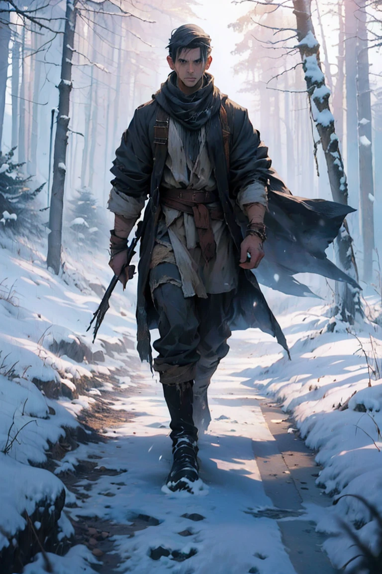 (best qualityer, 4K, high resolution, work of art:1.2), ultra detali, (realisitic, photorealisitic, photo-realisitic:1.37), a tall, weak boy dressed in rags and dirty, staggering. It is surrounded by a field full of snow, alive with the sounds of nature. It's a moonlit night, e a darkness contribui para a atmosfera misteriosa. He continues to weaken towards a city. muita neve, tempest, darkness
