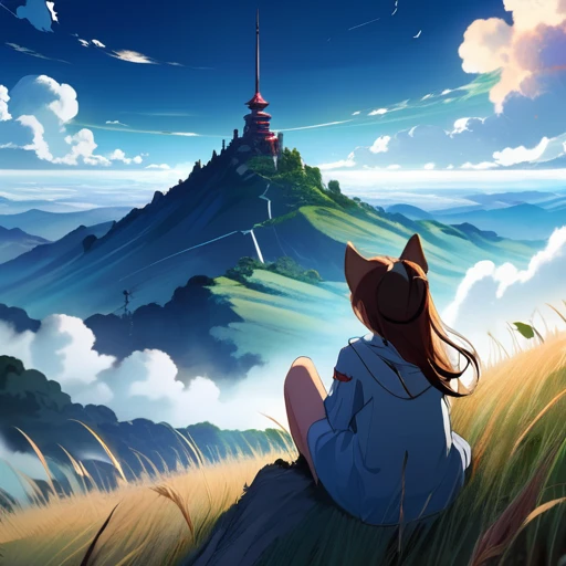 Requiem anime landscape of a girl＆cute corgidog sitting on a hill with grasses with dark blue clouds, blue cere madder sky  lightly big bell   with few clouds, anime nature wallpapers, beautiful anime scene, beautiful anime peace scene, Makoto Shinkai Cyril Rolando, beautiful scene of anime, amazing wallpaper, anime art wallpaper 8k, anime background, art anime background, anime 4k wallpaper, anime art 4k wallpaper, anime art 4k wallpaper,  prayer of requiem  prayer of requiem