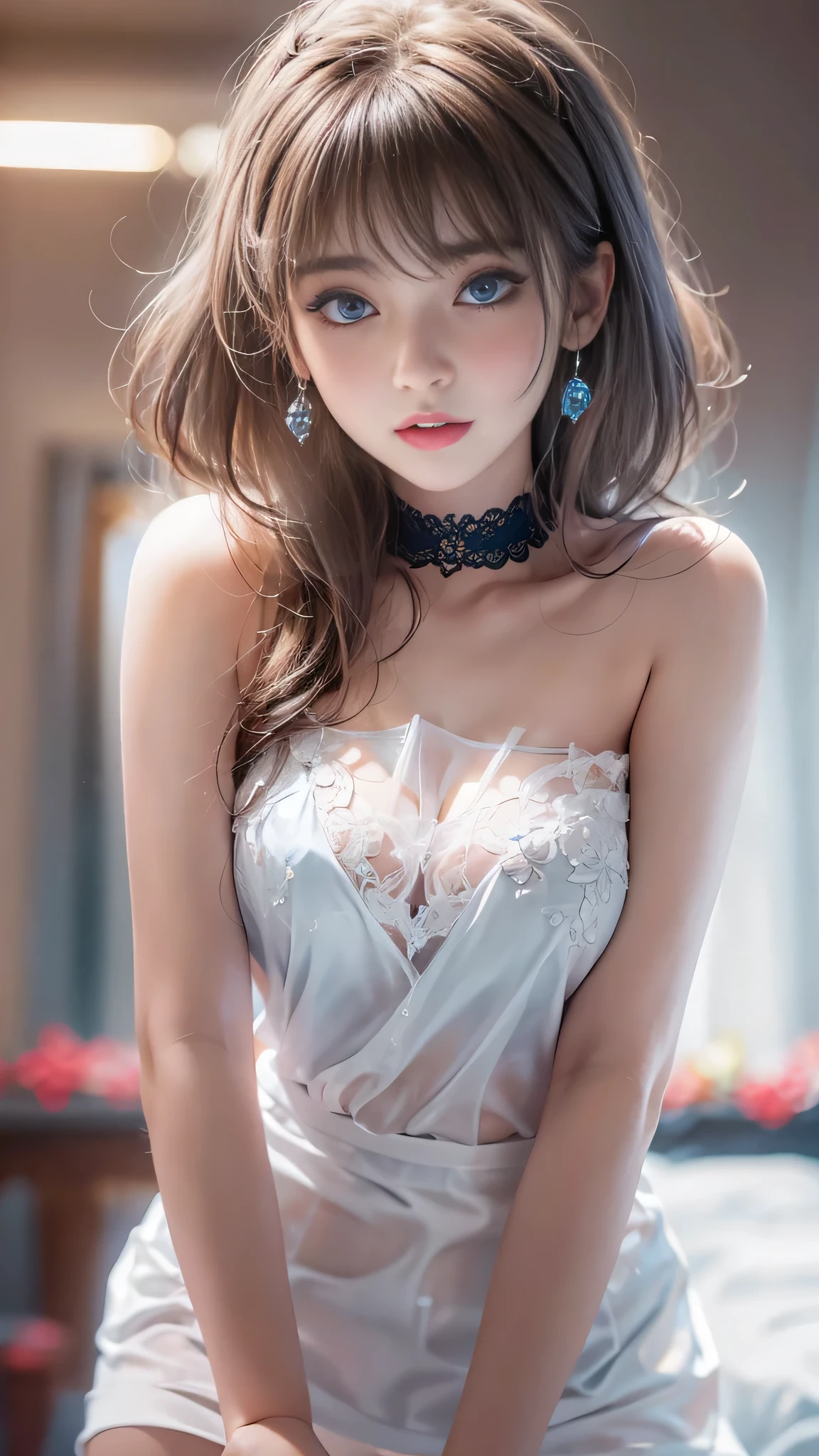 (Girl in a semi-transparent one-shoulder white miniskirt dress), (フォトRealistic:1.4), (ハイパーRealistic:1.4), (Realistic:1.3), (Smooth lighting:1.05), (Cinematic Lighting Quality Improvements:0.9),. 32K, 1 Girl,20 year old girl, Realistic lighting, Backlight, Face light, Ray tracing, (Brightening light:1. 2), (Image quality improvement:1.4), (Highest quality realistic textured skin:1. 4),(Big Blue Eyes), Detailed drawn eyes、Detailed painted face、Fine textured eyes、(tired、sleepy、satisfaction:0.0)、A shirt that shows off a lot of cleavage、(Accentuates the body line:1.1)、(Beautiful textured skin:1.1)、(Red petals are flying)、（Black lace panties are visible)、Slim long legs、