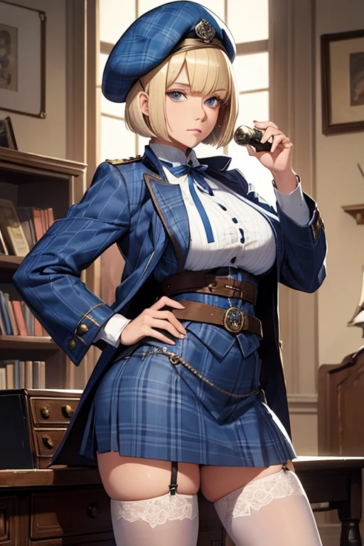 1 girl, medieval character, 
an inspector, (she has a blond hair, Blunt Bob haircut), she wears a monocle. blue and white female police uniform, Old brown Plaid beret hat, Hold magnifying glass,blue and white stockings, simple plaid decoration.