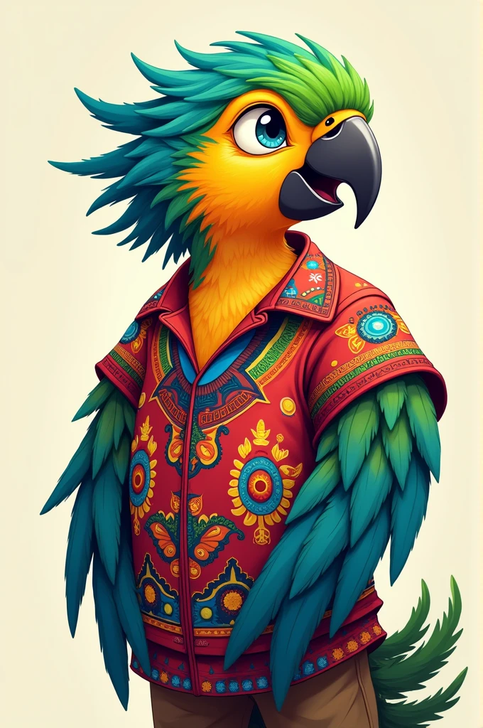 An anime-style macaw wearing a Colombian shirt