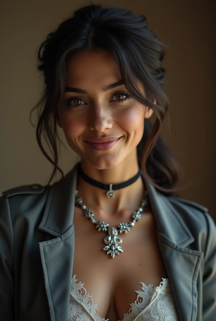 gray jacket, angelic smile, steampunk in the night church, elegant theme, exotic, stunning diamond necklace (looking at the viewer: 1.0), perfect thighs, armpits, masterpiece, best quality, *(masterpiece: 1.2), (best quality) (high resolution: 1.2), (small nipple: 1.2), (small breasts: 1.2) (natural breasts) (natural nipple), (no bra), (detailed skin), (natural skin texture) (natural hair) (natural lips), nature, Yoga Studios, Serene Spaces, Highly Detailed Theme, Dark, Soft Tones, Soft Colors, (High Contrast: 1.2), (Professional Photography), (HDR), (Soft Light), (Sharp Focus)