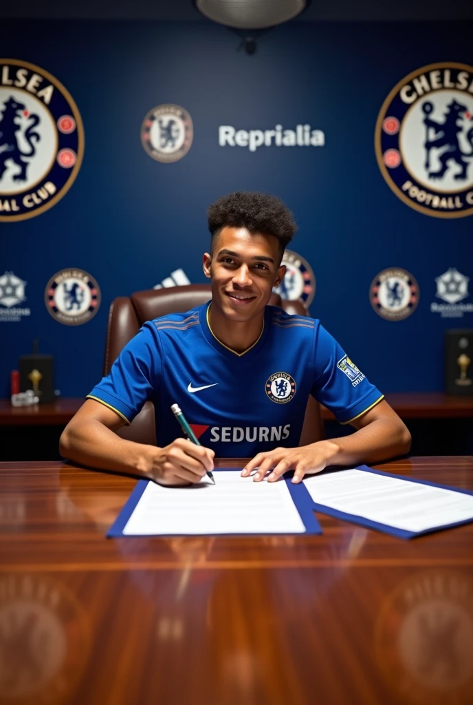 Create image petro neto (wolves player) signed chelsea contract on the Table