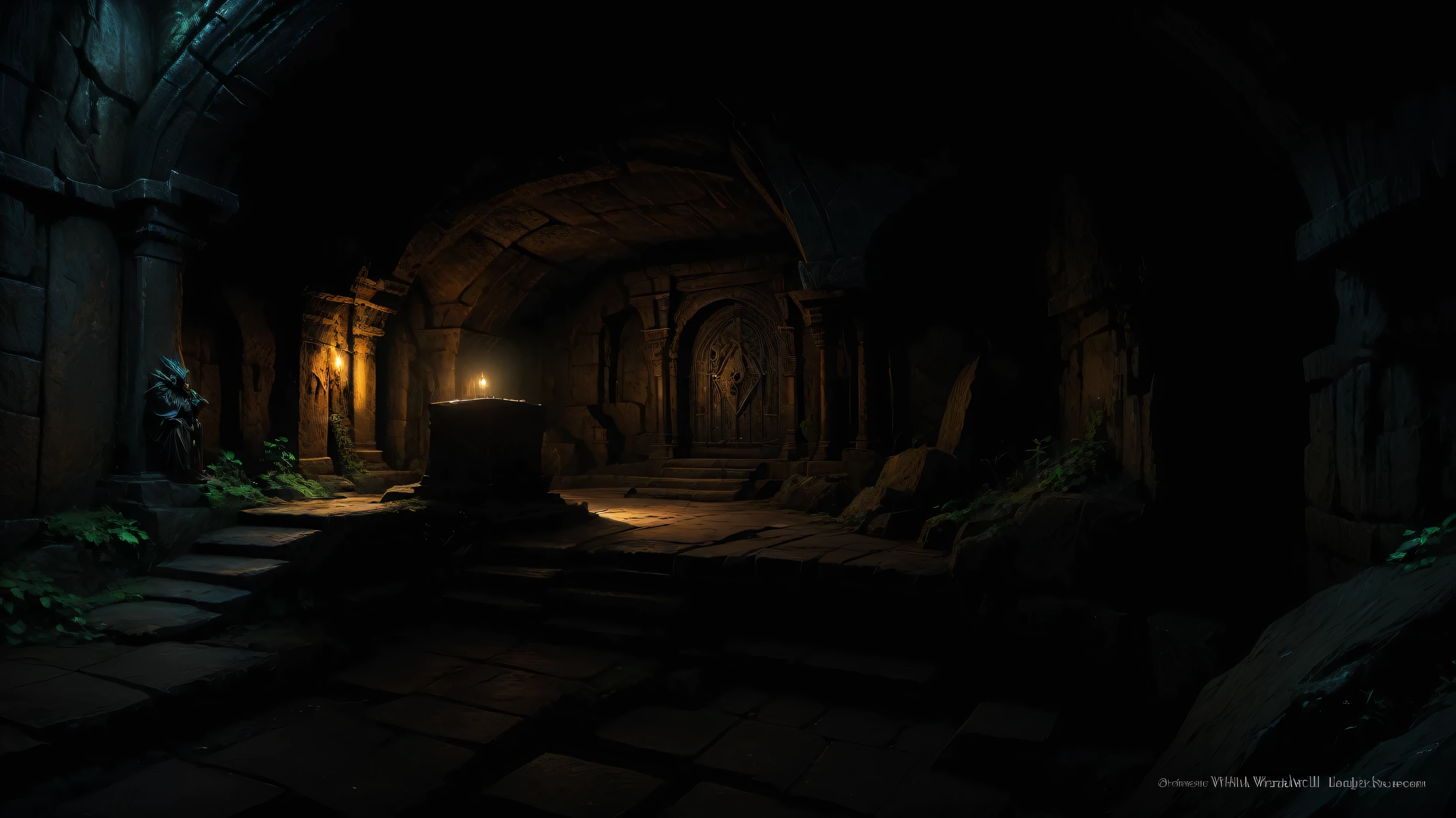 (anime, fantasy, old dungeon), (best quality, highres, HDR:1.2), vibrant colors, detailed landscape, intricate, {an ancient vampire sarcophagus}, dimly lit underground dungeon, dark tomb setting, in an ancient vault, detailed textures and lighting, dark environment, underground temple, ancient. atmospheric lighting, catacombs, detailed lighting and textures, dark fantasy environment, markarth, ancient dungeon, inside a crypt, very dark environment. From Brian Froud and Carne Griffiths and Wadim Kashin and John William Waterhouse, 8K post-production, high resolution, hyperdetailed, depth of field