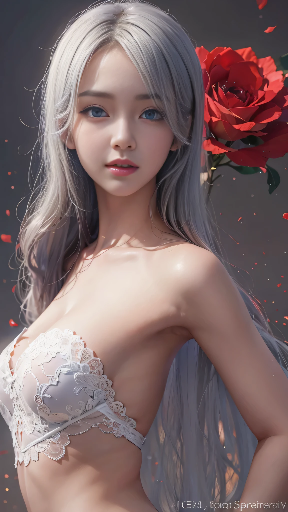 (Girl in a semi-transparent one-shoulder white miniskirt dress), (フォトRealistic:1.4), (ハイパーRealistic:1.4), (Realistic:1.3), (Smooth lighting:1.05), (Cinematic Lighting Quality Improvements:0.9),. 32K, 1 Girl,20 year old girl, Realistic lighting, Backlight, Face light, Ray tracing, (Brightening light:1. 2), (Image quality improvement:1.4), (Highest quality realistic textured skin:1. 4),(Big Blue Eyes), Detailed drawn eyes、Detailed painted face、Fine textured eyes、(tired、sleepy、satisfaction:0.0)、A shirt that shows off a lot of cleavage、(Accentuates the body line:1.1)、(Beautiful textured skin:1.1)、(Red petals are flying)、（Black lace panties are visible)、Slim long legs、