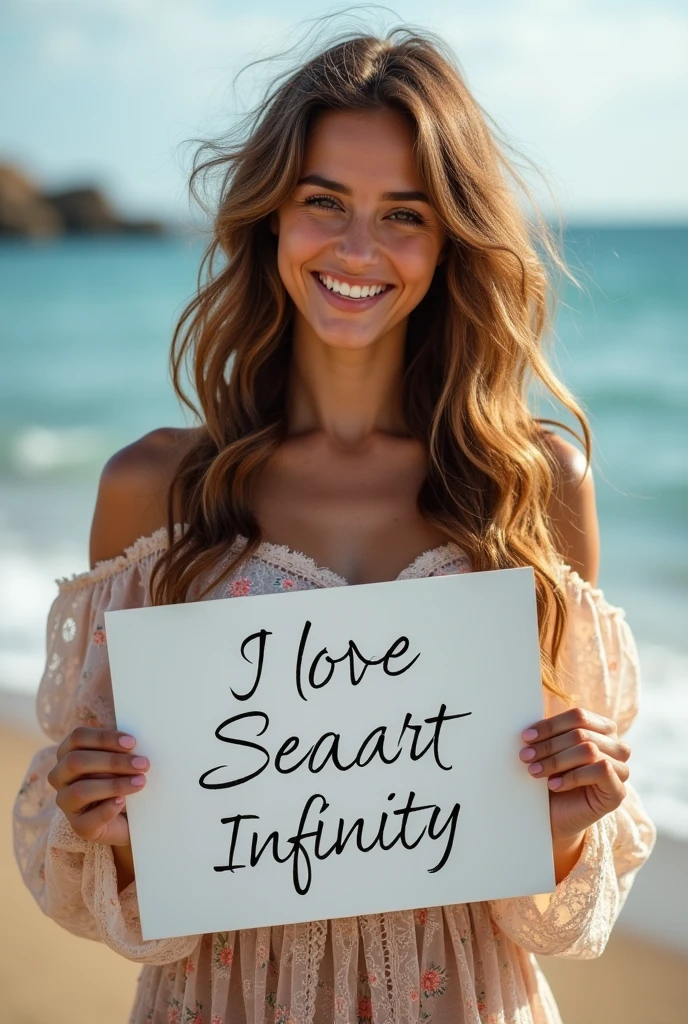 Beautiful girl with wavy long hair, bohemian dress, holding a white board with text "I Love Seaart Infinity" and showing it to the viewer