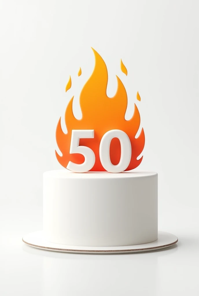 "A simple white birthday cake with the number '50' written on it. The cake has a smooth, plain white surface, and on top of the cake, there's an illustration of a flame. The flame is stylized, with a bright, fiery look, sitting prominently above the '50'. The overall design of the cake is minimalistic and elegant, with the white background contrasting with the vibrant colors of the flame."
