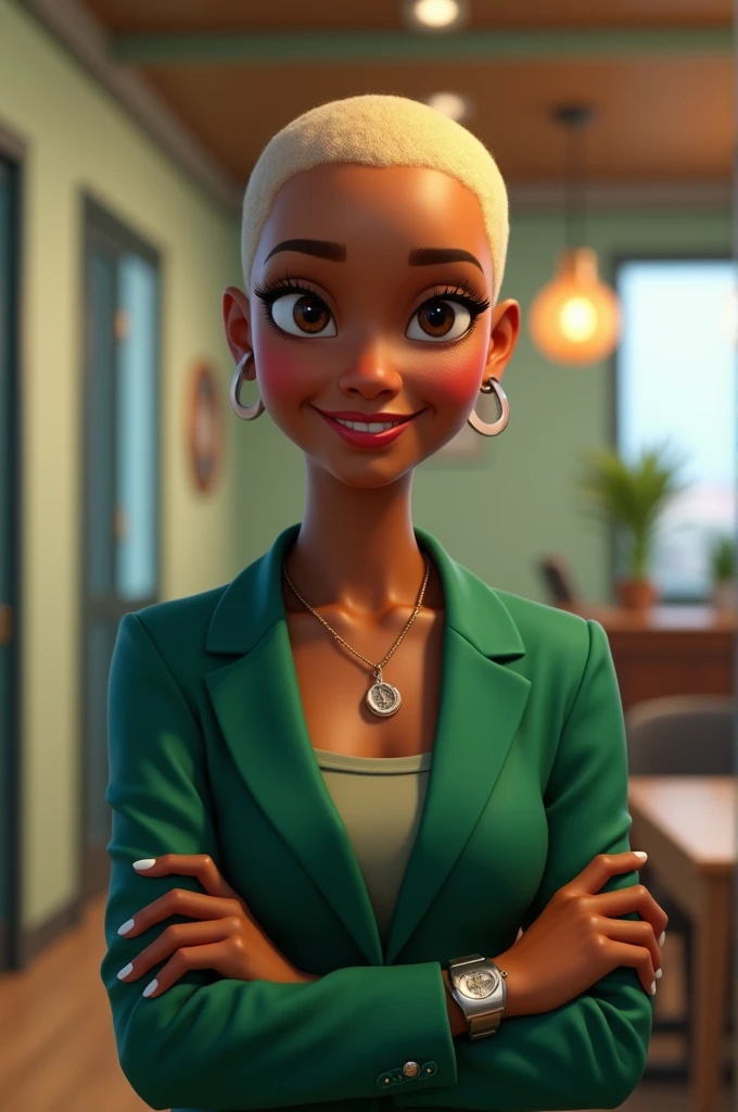 A beautiful 31-year-old Pixar-inspired girl with black skin, blonde bald hair, wearing a green blazer, holding a Ton card machine in her hand and smiling. 
