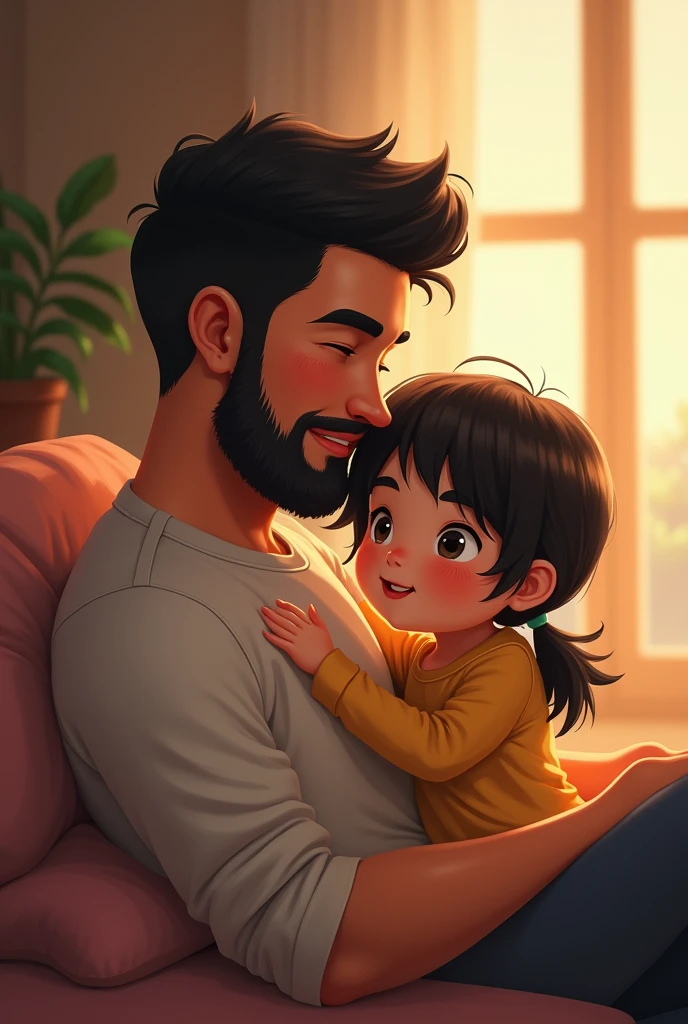 A father with his daughter 
The father has black hair and beard
The youngest daughter has black hair 