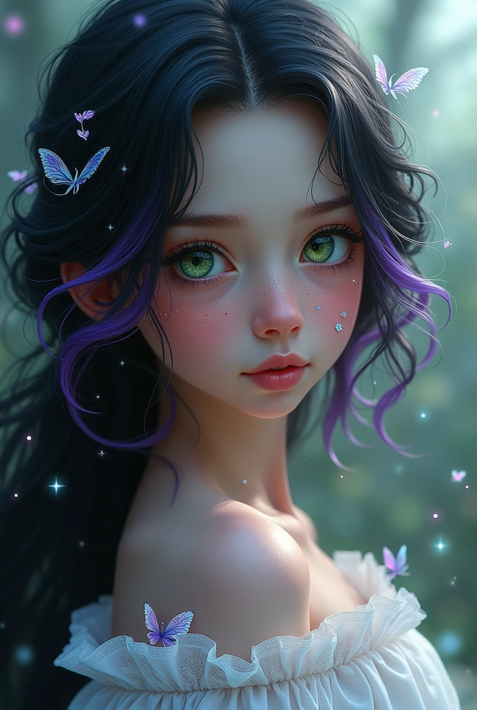 A girl with black hair with purple streaks with green eyes freckles and white spots on her skin