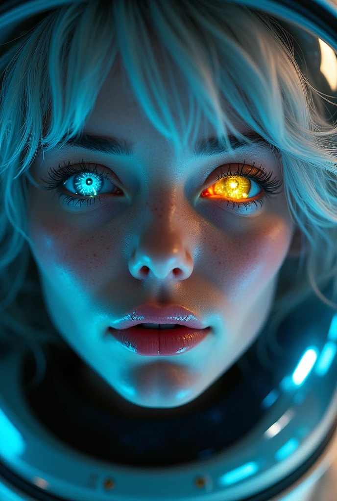 (Close-up of a better masterpiece:1.5)0.9], (Space and astronauts:1.2) (Messy silver hair:1.1) (Heterochromia xanthochromia and blue eyes:1.2) (Space Helmet:1.0) (Colored stars in the eyes:1.0) (A radiant glow:1.1) (thick lips:0.9)