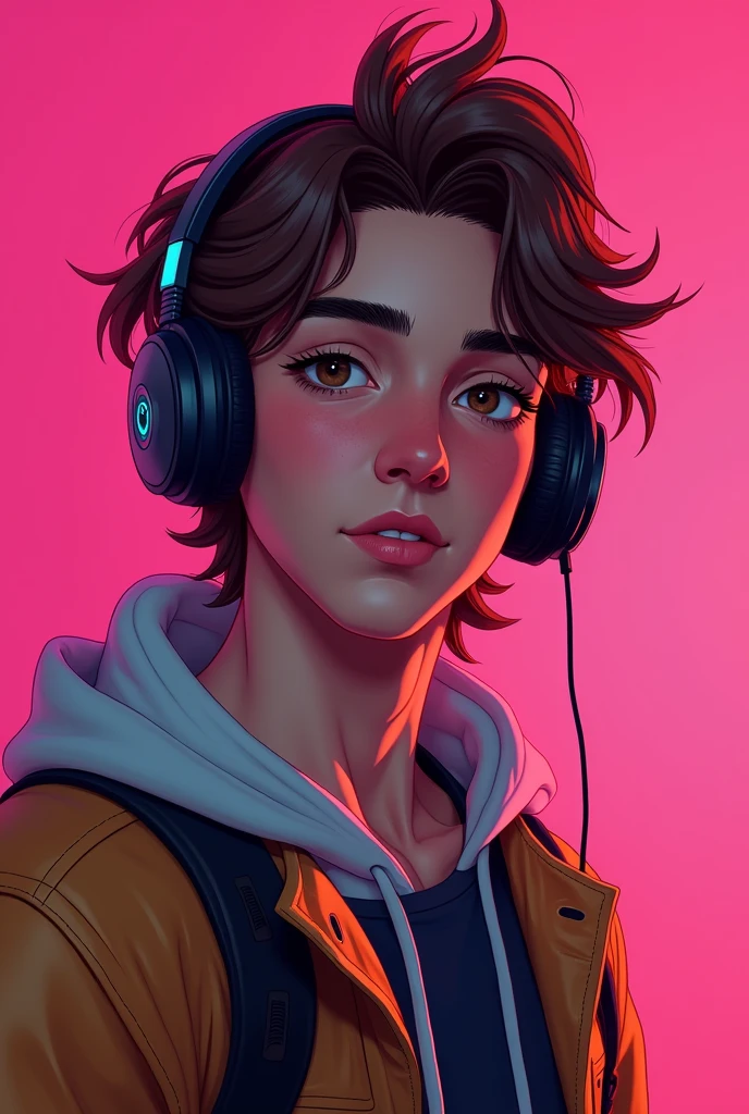 Name: lopes characteristics: brown hair, brown eyes, brown, gamer style with headphones, Spanish nose. Background: pink coloring 
