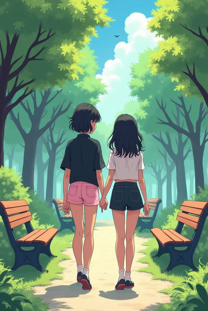 An anime-style digital drawing with a scene where Kanato and I are walking together in a place surrounded by grass., beautiful trees and benches. Kanato and I are holding hands.

My appearance:
19 year old female body, brown skin, Shoulder-length curly black hair, pastel goth style outfit with shorts and blouse in light pink and black.