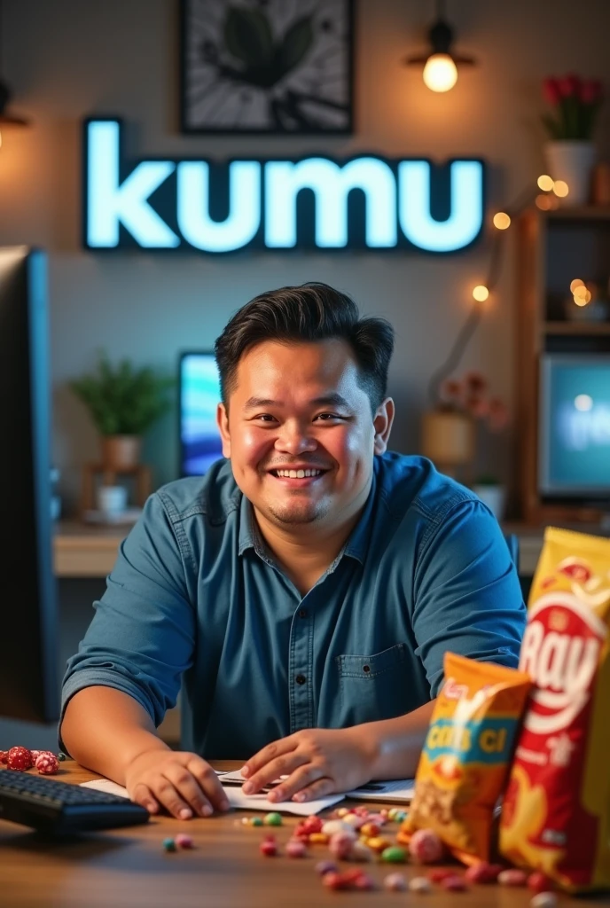 chubby cheeks guy then at studio streaming 
And have snacks at the right side of table and have words of the background kumu streaming 